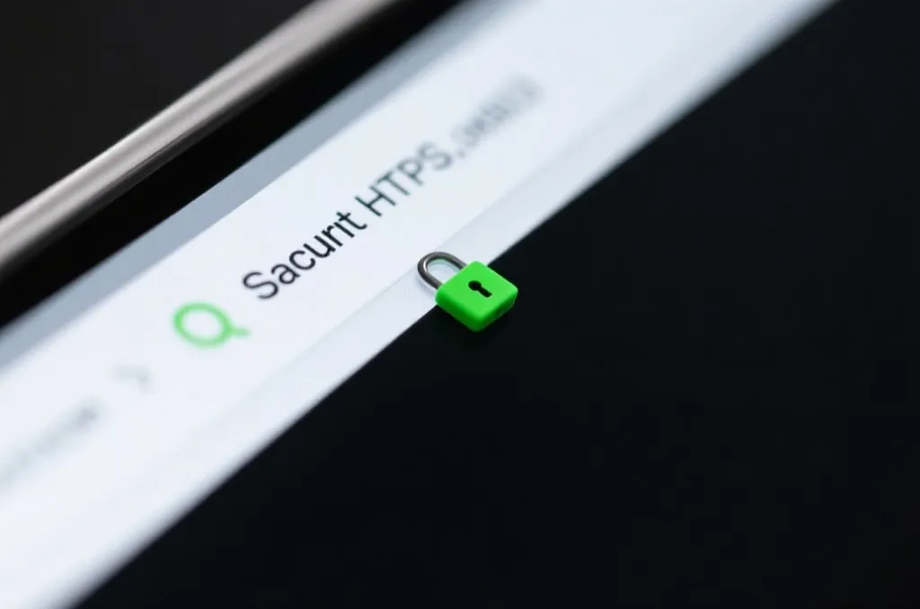 Close-up of a modern web browser address bar with a secure HTTPS prefix and a green lock icon